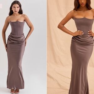 HOUSE OF CB PERSEPHONE CORSET MAXI DRESS IN SMOKE SIZE XS PLUS CUP
